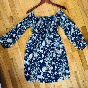 Soprano Navy Floral Off-Shoulder Chiffon Long Sleeve Dress, Small